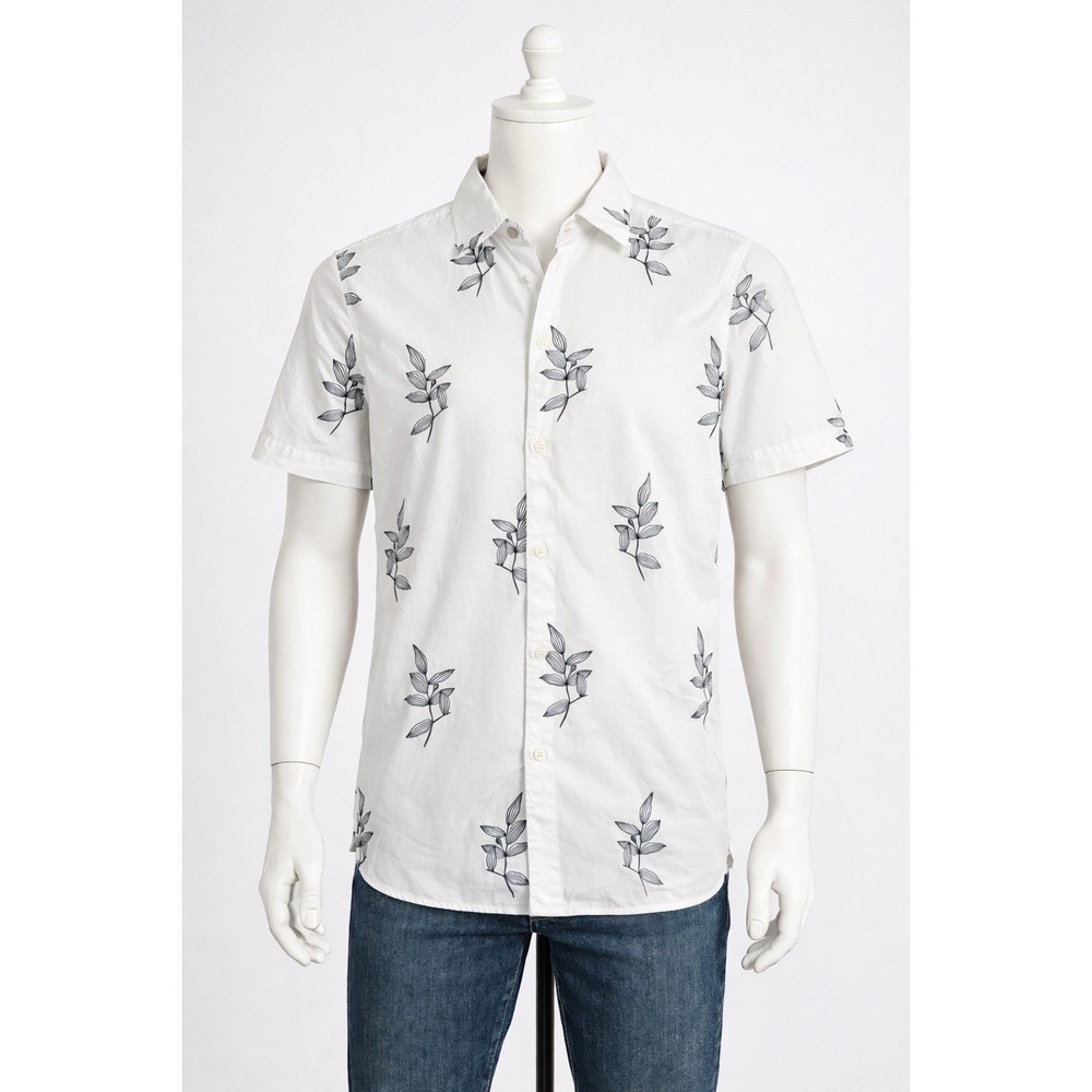 Selected Homme Shirt Mens Large White Black Leaf Print Short Sleeve Button‎ Up
